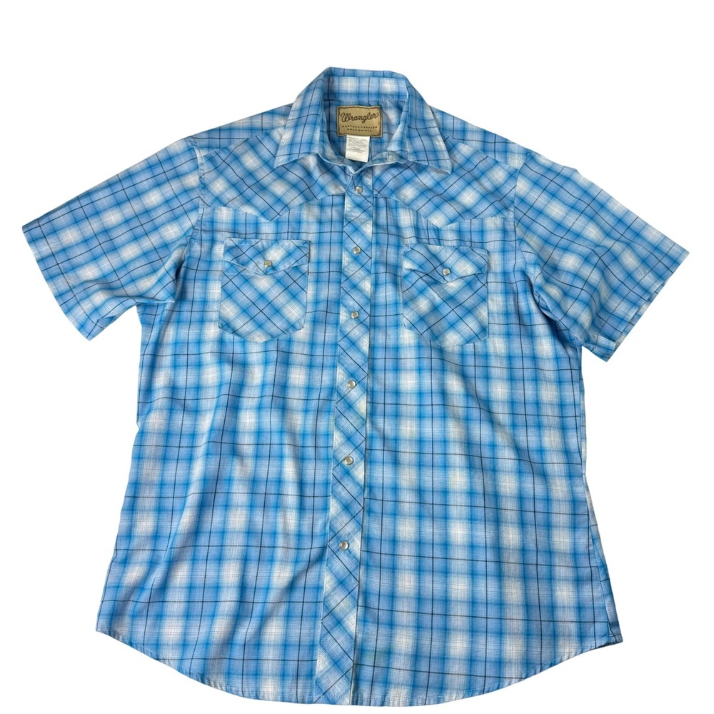 Vintage Wrangler Western Pearl Snap Shirt Men L Blue‎ Plaid Cowboy Rodeo Casual - Picture 10 of 11